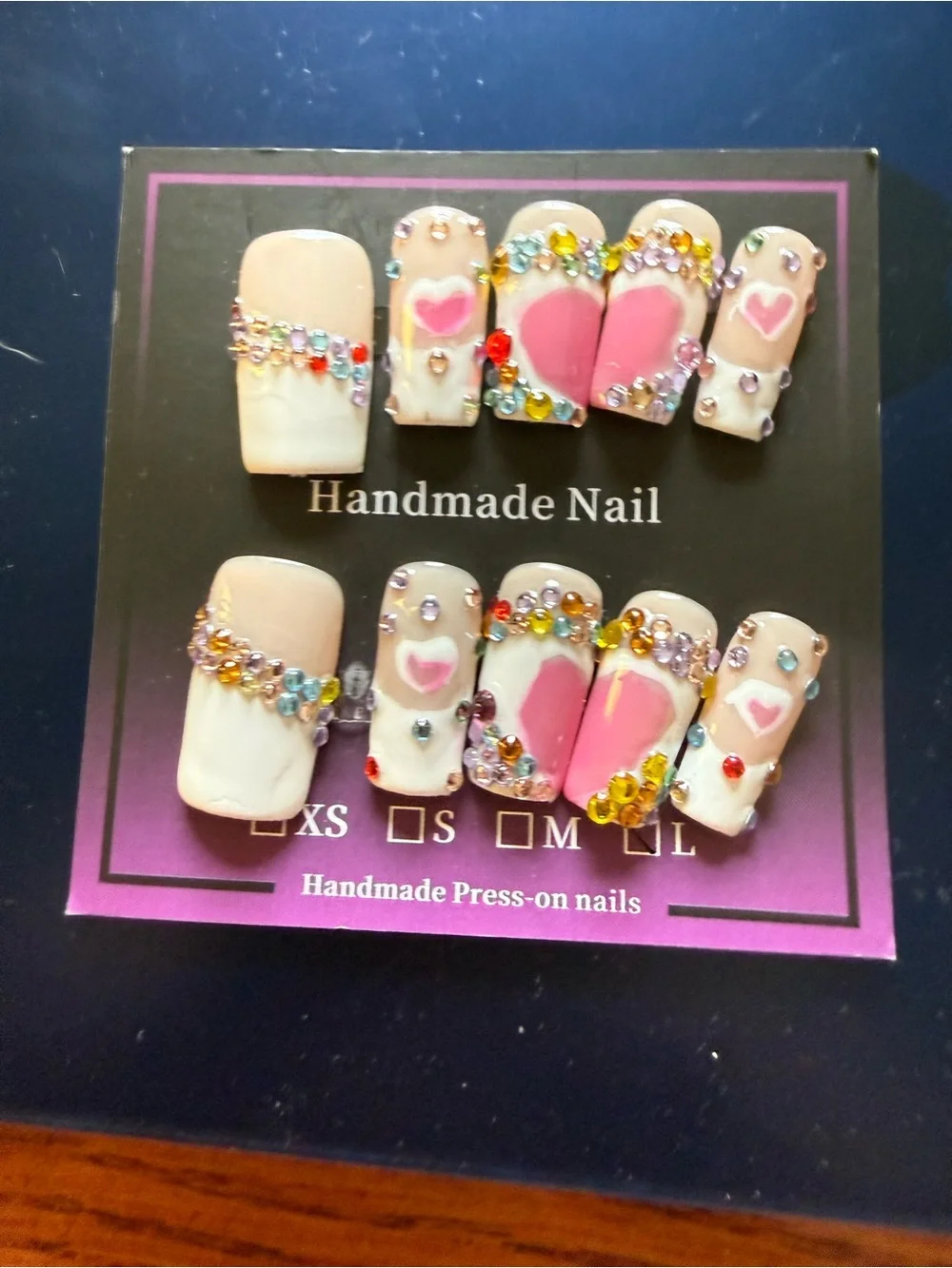 Handmade Acrylic Pink Heart Kids Press-On Nails with Multicolor Gems